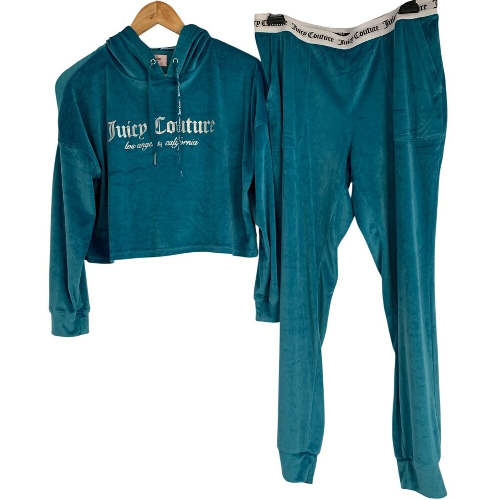 Juicy Couture Sleep Teal Velour Lounge Set M Hooded Crop Top & Pants RP10554